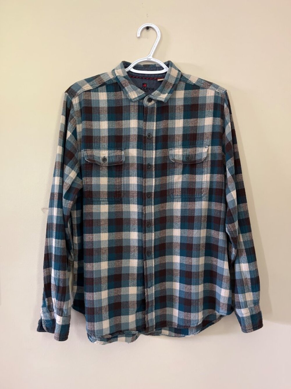 Woolrich Mens Large Green Brown Long Sleeve Plaid Button Up Shirt Front Pockets